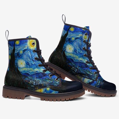 Immerse yourself in the deep blue of Vincent van Gogh’s best-loved masterpiece, The Starry Night. Dazzlingly comfortable, these unisex combat boots are perfect for exploring the universe on foot, whatever the weather. FREE UK shipping Easy Returns Exceptional quality, vegan-friendly synthetic leather Durable sole Great things are worth the wait, and we’re confident you’ll be thrilled with your hand-crafted boots! We’re a small, considerate company and custom-make them just for you to the highest