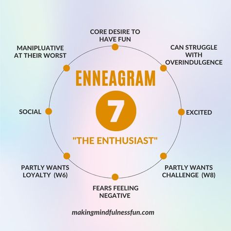 If you are an enneagram seven, you are known as The Enthusiast. You are social, energetic, and playful. As a 7, your core desire is to be positive because, in childhood, you were taught being negative would lead to you being abandoned. #enneagram #enneagram7 Enneagram Seven, 7w8 Enneagram, Enneagram Type 7, Enneagram 7, Type 7 Enneagram, Enneagram Test, Enneagram 3, Negative Traits, Always On My Mind