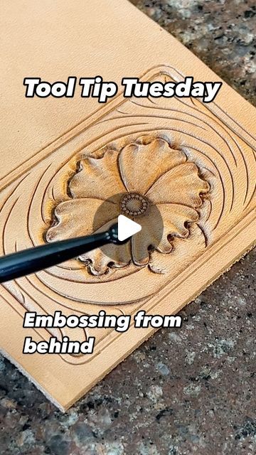 Bob Blea on Instagram: "This #tooltiptuesday I’ve got something a little different. I sometimes use a rounded tool to press my carving from the back to make it rise up above the surface of the leather. Here I’m using the ball on the back of my modeling tool to lift the petals of this flower just a little bit. You can use any rounded tool to push from the back. The leather has to be damp and I use my fingers to support the leather on either side of where I’m pushing.   I’m not looking for much lift when I emboss the leather like this. I’m just adding a little lift to the petals so they stand up above the rest of the carving. This is a fairly thick piece of leather so it won’t give much without a lot of work but thinner leather and leather that is wetter will give and stretch more.   Hope th Leather Carving Ideas, Leather Tooling Patterns, Tooling Patterns, Leather Carving, Leather Artisan, Sewing Leather, Hand Tooled Leather, Leather Work, Custom Leather