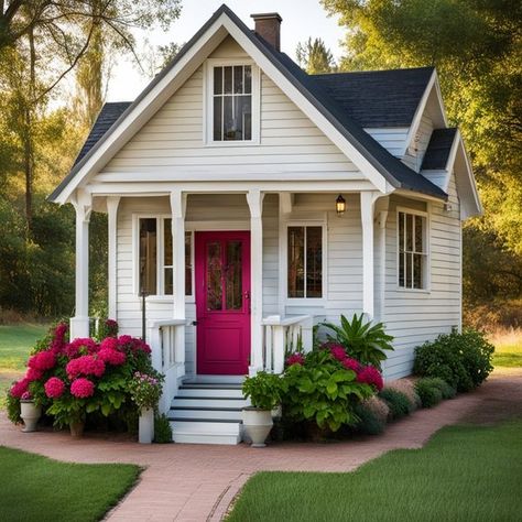 Tiny Cottage Exterior, Cottage Exterior Colors, Tiny Home Ideas, Mobile House, Granny Pod, Cute Cottages, Tiny House Village, Red Front Door, Coffee Stand