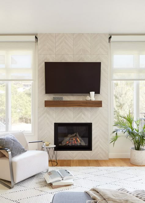 Fireplace Mantel Modern, Lakeside Living Room, Beam Fireplace Mantle, Tiled Fireplace Wall, Herringbone Fireplace, Classic Family Room, Full House Remodel, Live Edge Shelf, Beam Fireplace