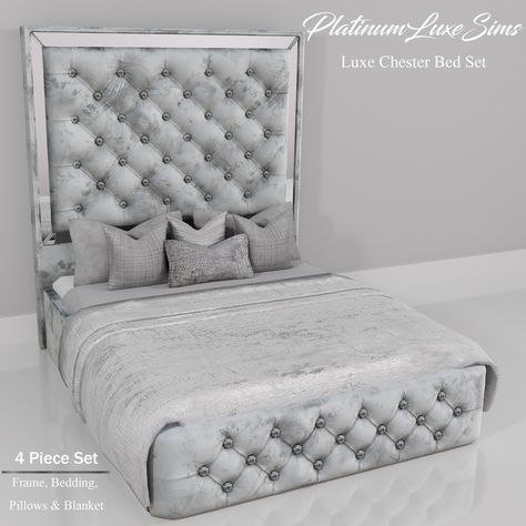 PlatinumLuxeSims — | Luxe Chester Bed Set | So here is our Chester... Black Sims 4 Furniture, Sims4 Pillow Cc, Sims 4 Mirrored Furniture, Bed Mods Sims 4, Sims 4 Bed Sets Cc, Sims 4 Modern Bed Cc, Sims4 Cc Furniture Urban, Sims 4 Cc Boujee Furniture, The Sims 4 Beds Cc