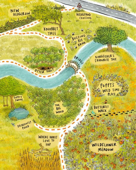 One of my all time favourite illustrated maps 🌸, created for Poppy Goes Wild by Nick Powell and illustrated by me! This beautiful book is all about Poppy and her Grandad’s mission to rewind their farm! 🐝🌻 Available on my website 😊 swipe to see the draft vs final! ☀️ . . . . . #cornishcreatives #wip #bookillustration #roughvsfinal #sketchbookpage #kidlitart #instaillustration #instaillustrator #illustration #illustrationartists #illustratorsoninstagram #instaillustrate #illustration #pictur... Farm Map, Road Map Illustration Graphic Design, Village Map Illustration, Artistic Maps Illustrations, Cartoon Maps Illustrations, Farm Map Illustration, Route Map, Sketchbook Pages, Illustrators On Instagram