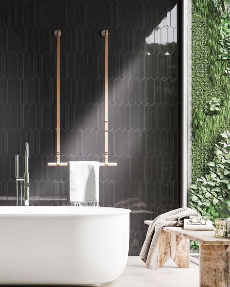 Isn't the way the light reflects off the tile in this photo breathtaking?☀️ The Dimsey collection adds a whole new level of depth to your space ❤️ Black Picket Tile Bathroom, Black Picket Tile, Picket Tile Bathroom, Garage Expansion, 1920 Bungalow, Picket Tile, Bathroom Gallery, Tile Shower, Clawfoot Bathtub