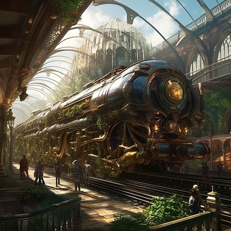 A time-traveling train station with steam-powered locomotives and futuristic spaceships all converging at different time periods Steam Punk Train, Steampunk Train Art, Steampunk Train Station, Train Station Concept Art, Steampunk Locomotive, Train Fantasy Art, Futuristic Train Station, Fantasy Train Station, Future Train