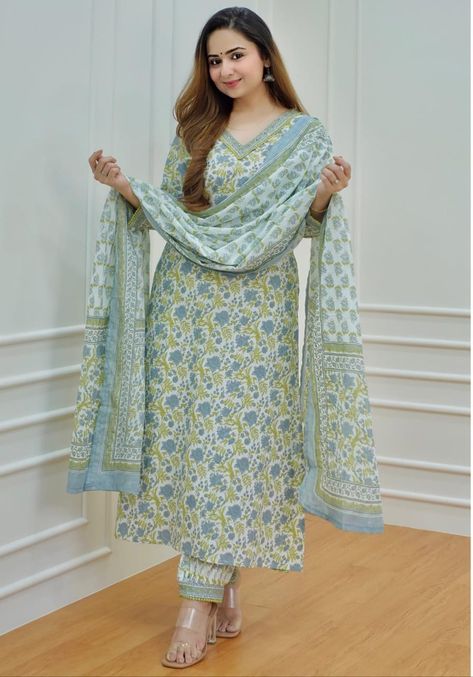 💫💫Pf💫💫 New Lunching ⚡🔥⚡ For a festive gathering, you’ll can opt for our Blue-Green Floral Afghani Suit Set which is decorated with finest embroidery and motifs. It is paired with matching afghani pants and dupatta 🌸 For all the stylish ladies out there, who want something simple, sophisticated and traditional. Color: Blue, Green Fabric: Pure Cotton Inclusive: Top, Bottom & Dupatt Sizes:- M-38, L-40, XL-42, XXL-44 New Arrival 💚💚 Qᴜᴀʟɪᴛʏ ɪꜱ ᴏᴜʀ ᴘʀɪᴏʀɪᴛʏ 💫💫💫💫💫💫💫💫 Women's Party Wear, Simple Indian Suits, Flower Print Fabric, A Line Kurti, Indian Kurti Designs, Long Frock Designs, Desi Fashion Casual, Indian Dresses Traditional, Designer Dresses Casual