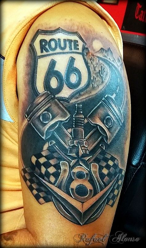 Auto Tattoo Ideas, Route 66 Tattoo, Automotive Tattoo, V8 Tattoo, Piston Tattoo, Mechanic Tattoo, Car Brands Logos, Biker Tattoos, Tattoo Zeichnungen