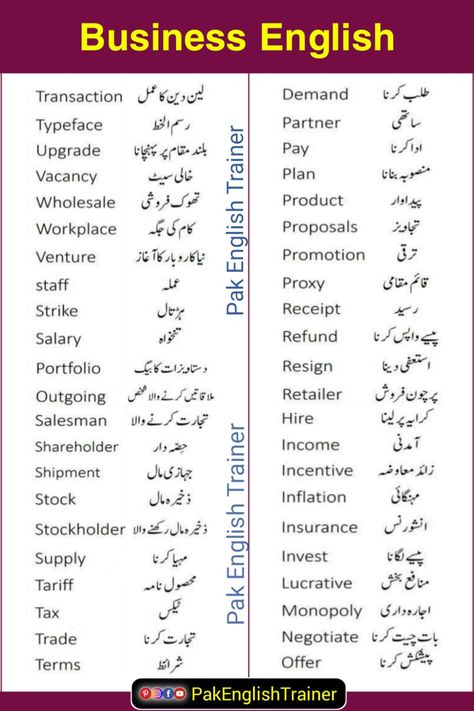 Daily use English vocabulary words with Urdu translation related to business, Business English, Business English Conversation Vocabulary Course in Urdu, English to Urdu vocabulary course for business | Pak English Trainer
#Business #english #conversation #urdu Daily Vocabulary Words English, English To Urdu Vocabulary, Restaurant English, Daily Vocabulary Words, English To Urdu Dictionary, Urdu Vocabulary, English To Urdu, English Business, English Opposite Words