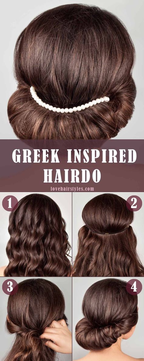 Greek Inspired Hairdo With Hair Accessories #lovehairstyles #hairstylessteptostep #tutorial Greek Hairstyles Short Hair, Greek Style Hairstyle, Greek Inspired Hairstyles, Greek Goddess Hairstyles Easy, Greek Hairstyle Tutorial, Greek Goddess Hairstyles Tutorial, Ancient Hairstyles Greek Style, Greek Hairstyles Goddess, Greek Hairstyles