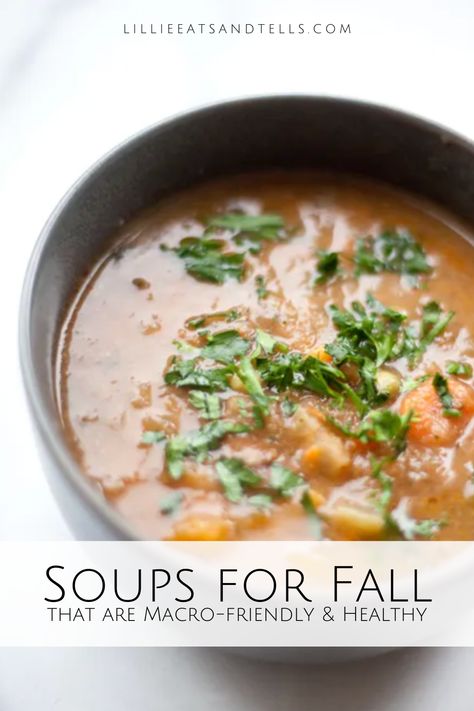 Enjoy this fall with some warm, comforting soups while still meeting your fitness goals! Macro Friendly Fall Soup, Macro Friendly Soups And Stews, Macro Soups, Macro Soup Recipes, Macro Friendly Soup Recipes, Macro Soup, Macro Friendly Soup, Soups For Fall, Macro Counting