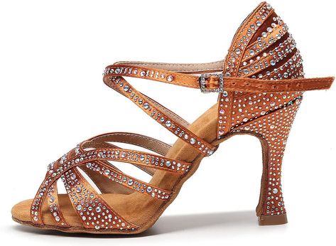 Amazon.com | HROYL Women Latin Dance Shoes Rhinestone Salsa Performence Practice Ballroom Dance Shoes YCL356-7.5 Brown, 6.5 B(M) US | Ballet & Dance Danza Latina, Ballroom Tango, Salsa Dance Shoes, Ballroom Shoes, Quickstep, Ballroom Dance Latin, Dance Heels, Ballroom Dance Shoes, Rhinestone High Heels