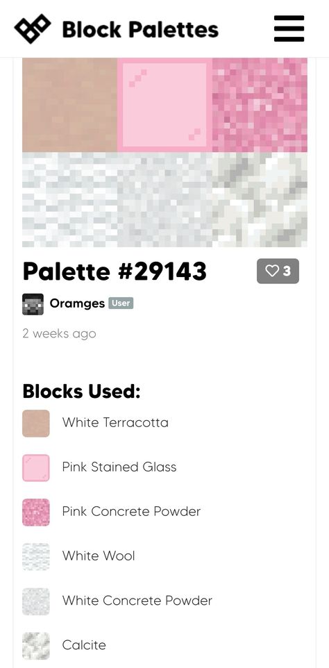 Pink Block Pallet Minecraft, Pink Minecraft Pallet, Minecraft Brewing Recipes, Minecraft Colour Palette, Minecraft Color Palette, Minecraft Block Palette, Minecraft Pallets, Minecraft Templates, Minecraft Town