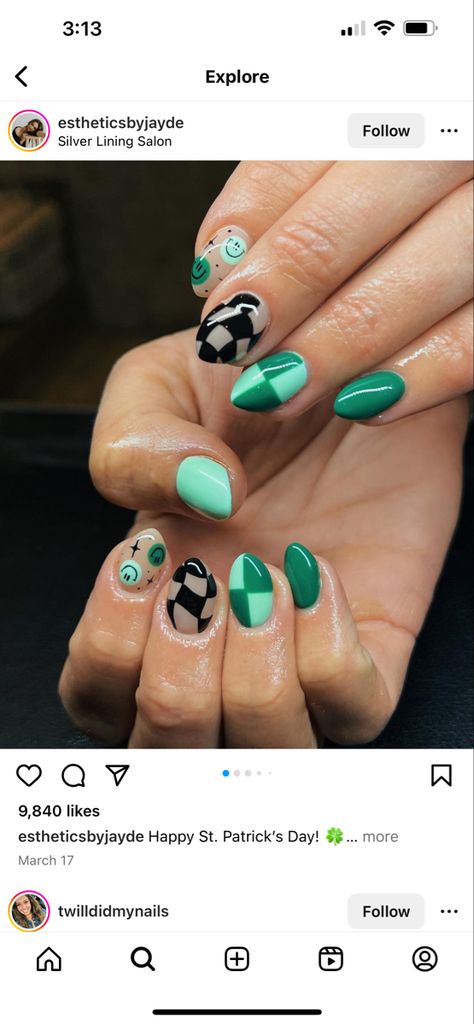 One Year Anniversary Nails, Spring Retro Nails, Fun Gel X Nails, Fun May Nails, Nail Designs Vacation Tropical, Simple Design Summer Nails, Nail Ideas For Work Simple, Mismatching Nails, Kelly Green Nails Design