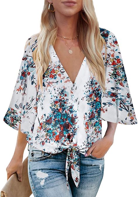 Womens Boho Tops and Blouses 3/4 Sleeve V Neck Flowy Summer Shirts Juniors Tops at Amazon Women’s Clothing store Womens Blouses Casual, Floral Blouses, Womens Boho Tops, Ladies Tops Blouses, Boho Style Tops, Plus Size Summer Outfits, Cute Summer Tops, Front Tie Shirt, Comfy Shirts