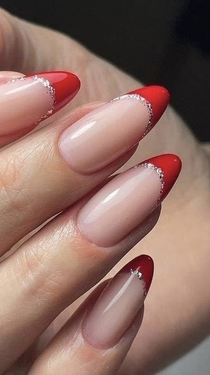 Square Festive Nails, French Tip With Christmas Lights, Christmas Acrylics French Tip, Easy Christmas French Tip Nails, Red Tip Holiday Nails, Clear Nails With Red Tips, Christmas Acrylic Nails Medium Length, Christmas Nails Red And Green French Tip, Formal Christmas Nails