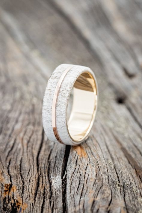 "GOLDEN" - ELK ANTLER & 14K ROSE GOLD INLAY – Staghead Designs Cool Guy Wedding Rings, White Mens Wedding Ring, Elk Ivory Ring For Men, Mens Antler Wedding Band, White Gold Wedding Rings Men, Unique Mens Wedding Bands Diamonds, Men Wedding Rings Silver, Men’s Engagement Ring, Men’s Engagement Rings