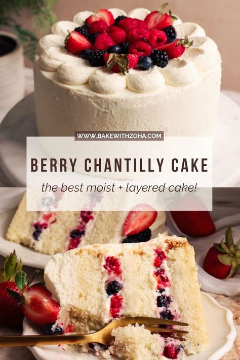 Today, we're sharing this easy-to-follow Whole Foods inspired Berry Chantilly Cake that is the perfect summer dessert with how fresh, light, and delicious this sweet treat is. This layer cake is moist and tender vanilla cake layers, a luscious light mascarpone chantilly cream frosting and lots of berries. Whether you bake this delicious cake for a birthday, as your summer dessert for gatherings, or a special occasion, it will leave a crowd impressed. Find the recipe at bakewithzoha.com Wedding Fruit Cake Recipe, Fruit Layered Cake, Cakes With Fruit Filling, Fresh Fruit Cake Recipe, Fruit Flavored Cakes, Vanilla Fruit Cake Recipe, Berry Chantilly Cake Recipe, Fruit Layer Cake, Chantilly Cake Recipe