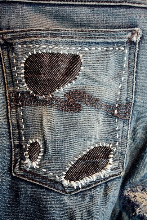 Matt Rho and Boro Denim Repair Visible Mending Stitches, Boro Denim, Boro Stitching, Repair Jeans, Denim Repair, Mending Clothes, Make Do And Mend, Sashiko Embroidery, Visible Mending