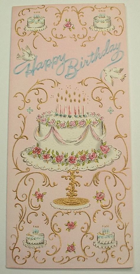 Gold Accents - Birthday Cake, PINK - 1950's Vintage SUNSHINE Greeting Card Cute Birthday Card Aesthetic, Hawaiian Birthday Card, 1950s Bakery, Vintage Party Invitations, Unicorn Birthday Cards Handmade, Vintage Cake Illustration, Cards For Moms Birthday, Sweet 16 Card Ideas, Bday Cards For Mom