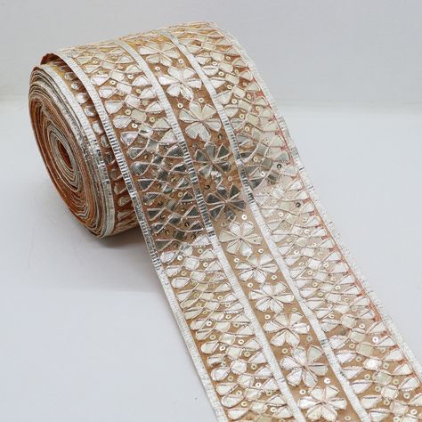 #etsy shop: 4 Inch Wide Silver Zari Gota Embellish Tissue Fabric Sewing Dupatta Lace Border Artisanal Hand Embroidered Crafting Ribbon Trim By The Yard https://etsy.me/3qxZigx #sewing #yes #indianlacetrim #silvergotatrim #weddingsaritrim #handmadegotalace #handmadegota Laces For Dupatta, Surface Ornamentation, Fancy Face Mask, Dupatta Lace, Tissue Fabric, Dupatta Border, Silver Sequin Top, Bridal Jewelry Sets Brides, Simple Lehenga