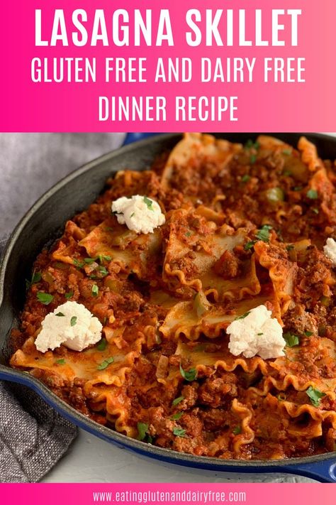 A skillet with gluten free and dairy free lasagna skillet dinner. Lasagna Skillet Recipe, Lasagna Skillet, Dairy Free Lasagna, Easy Gluten Free Dinner, Kid Approved Dinners, Dairy Free Alfredo Sauce, Dairy Free Recipes Dinner, Gluten Free Dinner Easy, Gluten Free Lasagna