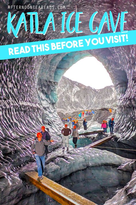 people walking on wood bridges through an ice cave in Iceland Katla Volcano Iceland, Ice Caves Iceland, Iceland Ice Caves, Katla Ice Cave, Hvitserkur Iceland, Iceland Cruise, Ice Cave Iceland, Iceland Aesthetic, Iceland Volcano