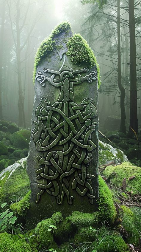 Mystical Forest Stone: An ancient stone covered in intricate Celtic knots stands enigmatic amidst the misty, moss-covered forest. #mystical #forest #stone #celtic #knots #aiart #aiphoto #stockcake ⬇️ Download and 📝 Prompt 👉 https://stockcake.com/i/mystical-forest-stone_827973_1142140 Celtic Forest, Lion Couple, Forest Book, Moss Covered, Ancient Stone, Night Flowers, Mystical Forest, Celtic Knots, Travel Logo