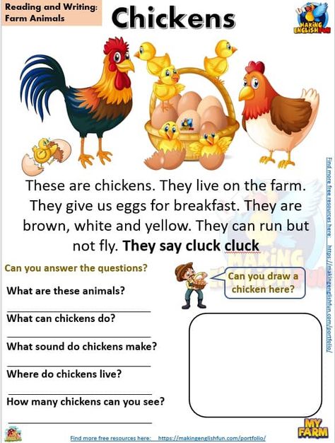 Reading Comprehension Worksheets Kindergarten, Comprehension Worksheets Kindergarten, Farm Worksheet, Reading Comprehension Grade 1, Animals Reading, Phonics Reading Passages, Picture Comprehension, First Grade Reading Comprehension, Reading Comprehension For Kids