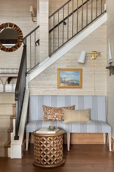 Cottage Stairs, Stair Nook, Greenwich House, Beautiful Entryways, Striped Decor, Mud Rooms, Interior Desig, Lakefront Homes, Lake House Decor