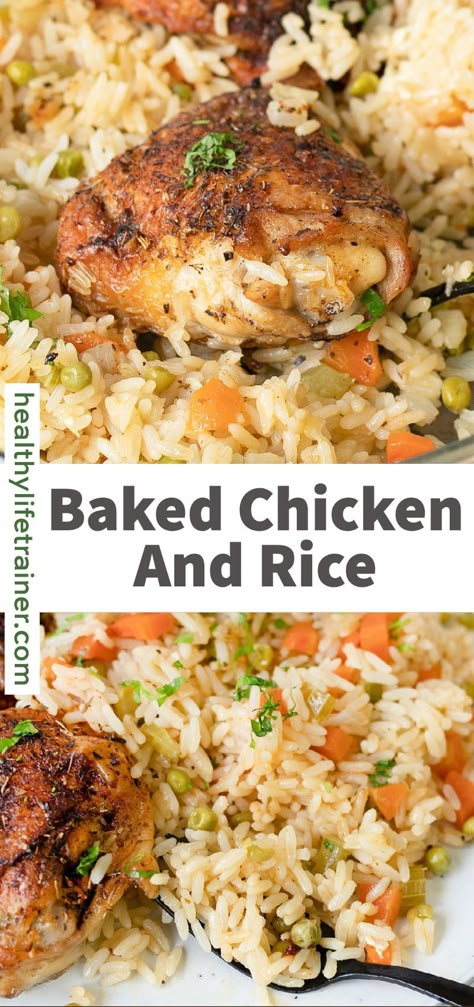 Baked chicken and rice is a family-friendly meal made with chicken thighs, long grain rice and lots of veggies. All cooked together, the rice and veggies absorb the chicken juices as they cook, Making this recipe flavourful and delicious. Perfect for weeknight dinners! #onepotrecipe #chickenandrice #bakedchickenandrice Chicken Rice In Oven, Chicken Recipes To Serve Over Rice, One Pot Baked Chicken And Rice, Roasted Chicken And Rice Recipes, Chicken And Rice Clean Eating, Chicken Rice And Mixed Vegetables, White Rice And Chicken Recipes Healthy, Chicken Arborio Rice Recipes, Drumstick Chicken Recipes With Rice