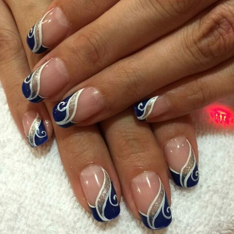 Glitter Tip Nail Designs, Wedding Nails Blue And Silver, Navy And Silver Nails Acrylic, Blue Fingernail Designs, Dark Blue And Silver Nail Designs, Navy Silver White Nails, Navy Blue And Silver Nail Designs, Navy And Silver Gel Nails, Blue White And Silver Nails