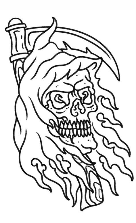 Traditional Grim Reaper Tattoo Designs, Grim Reaper Tattoo Traditional, Grim Reaper Tattoo Stencil, Skull Tattoo Outline, Reaper Tattoo Designs, Grim Reaper Drawing, Salamanders 40k, Reaper Drawing, Traditional Tattoo Drawings