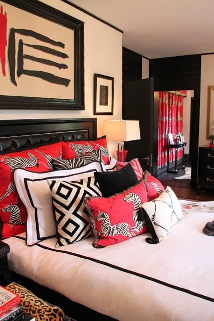 Black And White Bedding Ideas, White And Red Bedroom, Zebra Bedroom Decor, Black And White Bedding, Zebra Bedroom, Zebra Fabric, Traditional Home Magazine, Zebra Pillows, Bedroom Red