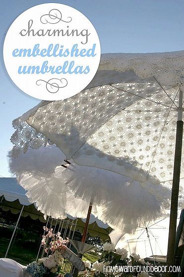 Charming Embellished Umbrellas,used everyday materials to embellish patio umbrellas for a whole new look! http://homewardfounddecor.blogspot.com/2013... Booths Ideas, Spring Summer Decor, Lace Tablecloth, Market Umbrella, Store Displays, Patio Umbrellas, Event Marketing, Diy Home Decor Projects, Decorating Blogs