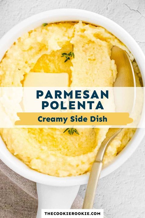 Parmesan Polenta - The Cookie Rookie® Salmon And Polenta Recipe, Instant Polenta, Parmesan Polenta, Pinterest Collage, Polenta Recipe, Baked Polenta, Polenta Recipes, The Cookie Rookie, Cookie Rookie