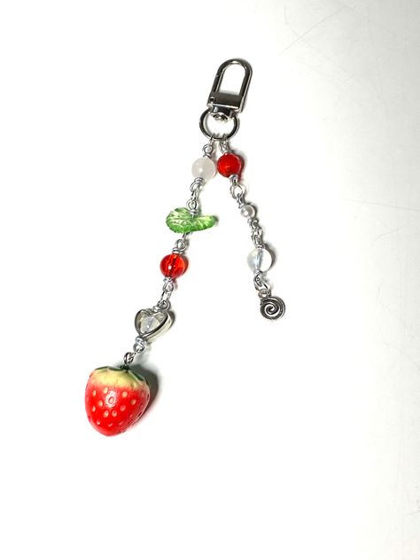 Strawberry, clay charm, beads, glass, wire, aesthetic, cottagecore, leaf, red Clay Charms Aesthetic, Strawberry Keychain, Strawberry Charm Crochet, Strawberry Bag Charm Crochet Tutorial, Strawberry Chain Bracelet, Phone Charm Strawberry, Strawberry Clay Keychain, Strawberry Charm, Clay Keychain