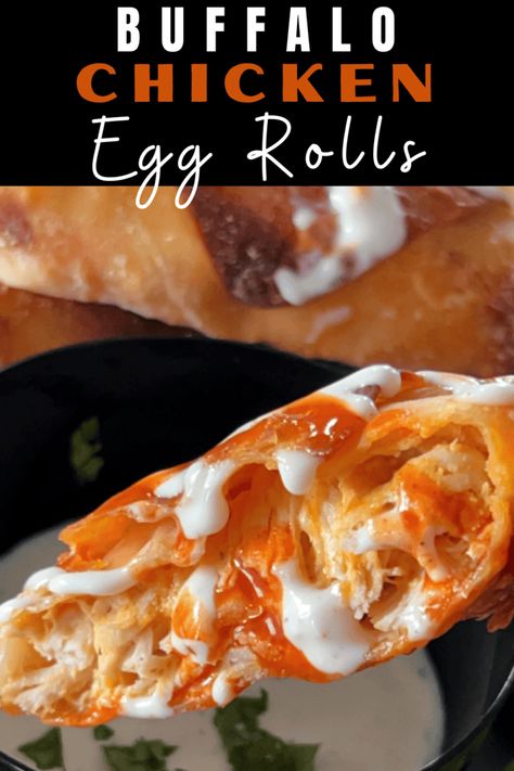 Chicken Egg Rolls - AIR FRYER or OVEN BAKED! Easy recipe - crispy egg rolls packed with bold buffalo chicken and melty cheese. The most popular party appetizer on the blog! #buffalochickeneggroll #airfryerbuffalochickeneggroll #bakedbuffalochickeneggoll #airfryerrecipe #buffalochicken #bestappetizerrecipe #agoudalife Egg Rolls Baked, Buffalo Chicken Egg Rolls, Buffalo Chicken Rolls, Egg Roll Filling, Shredded Buffalo Chicken, Buffalo Recipe, Asian Appetizers, Awesome Appetizers, Crispy Egg