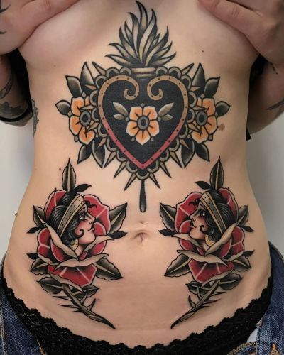 Traditional Chest Tattoo, Traditional Heart Tattoos, Lower Stomach Tattoos, Stomach Tattoos Women, Sacred Heart Tattoos, Traditional Tattoo Inspiration, Belly Tattoos, Throat Tattoo, Torso Tattoos