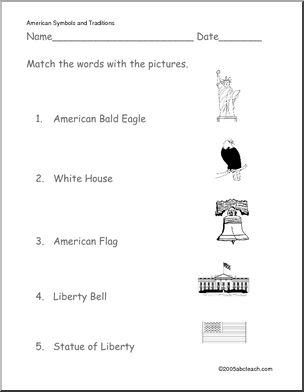 American Symbols Kindergarten, United States Symbols, Map Of America, Writing Forms, Word Family Worksheets, 1 Worksheet, Kindergarten Social Studies, History Worksheets, Homeschool Social Studies