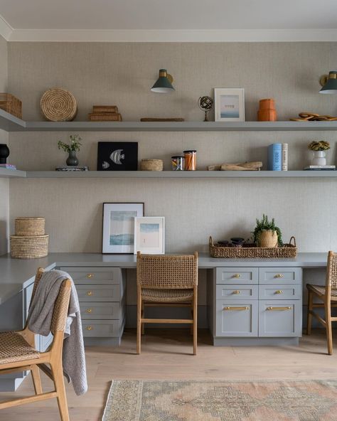 marika olson interiors | A homework room that is both fun and functional. We did desk stations for each child and tons of games and bookshelves for reading, playing… | Instagram Kitchen Homework Station, Child Study Room, Built In Desk With Wallpaper, Built In Dresser And Desk, Girls Room Desk, Dresser Desk Combo, Kids Built In Desk, Built In Double Desk, Kids Homework Area