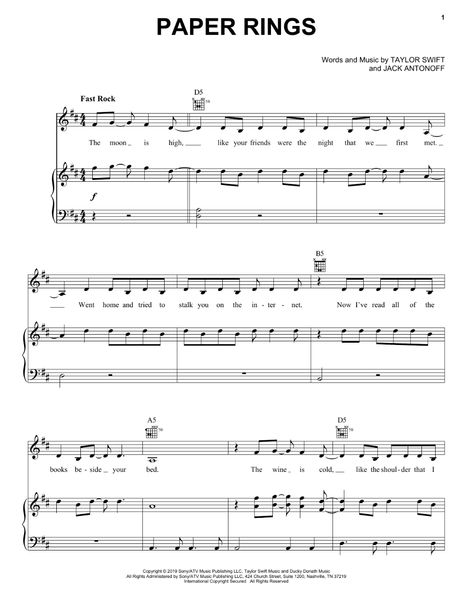 Download and Print Paper Rings sheet music for Piano, Vocal & Guitar Chords (Right-Hand Melody) by Taylor Swift from Sheet Music Direct. Paper Rings Taylor Swift, Taylor Swift Guitar, Piano Notes Songs, Taylor Swift Music Videos, Paper Rings, Piano Notes, Download Sheet Music, Flute Sheet Music, Music Practice