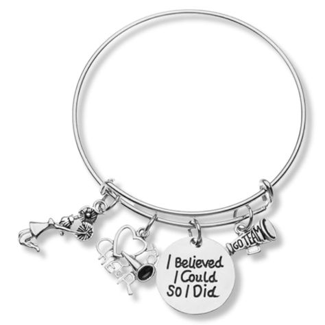 PRICES MAY VARY. CHEER JEWELRY - Motivational "I Believed I Could So I Did"- Adorable Cheer Charm Bracelet for Cheerleaders CHEER BRACELET- Inspirational Silver Plated Cheerleading charms on stainless steel bangle bracelet CHEER BRACELET- Inspirational Silver Plated Cheerleading charms on stainless steel bangle bracelet. Slide open to make bigger, expandable bracelet is easy to take off and put on and will fit most wrist sizes CHEERLEADER GIFTS - Looking for an inexpensive cheer gift to show you Cheer Team Gifts For Competition, Cheer Gift Bags, Cheer Jewelry, Cheerleader Gifts, Cheerleading Gifts, Cheer Gifts, Cheer Team, Senior Night, Stainless Steel Bangles