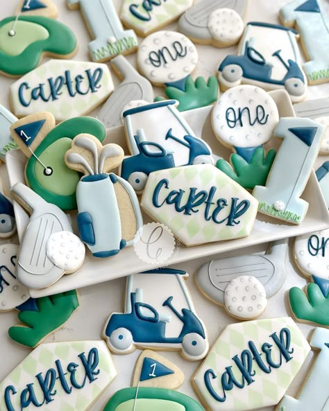 Hold On One Birthday, Golf Cookies First Birthday, Hole In One First Birthday Pictures, 1st Birthday Golf Theme Cookies, First Golf Birthday, First Birthday Party Golf Theme, Golf Theme One Year Old Party, Golf First Birthday Party Food, Hole In One 1st Birthday Party