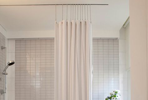 Ceiling mounted shower curtain track Ceiling Shower Curtain Track, Pull Down Shower Curtain, Shower Curtain Tracks Ceiling, Shower Curtain Rail Ideas, Ceiling Mount Shower Curtain Track, Shower Curtain Rails, Tub Shower Curtain Alternative, Shower Rod From Ceiling, Ceiling Shower Rod