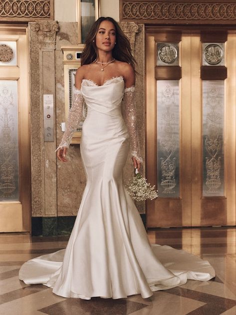 Satin Fit And Flare Wedding Dress, Ivory Gown, Maggie Sottero Wedding Dresses, Bridal Elegance, Embellished Neckline, Fit And Flare Wedding Dress, Designer Wedding Gowns, Bridal Dress Design, Fitted Wedding Dress