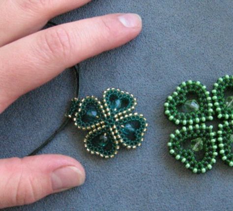 beaded hearts into shamrock four leaf clover st patrick's day irish ireland Beaded Clover, Locked In, Holiday Beading, Clover Pendant, Blue Beaded Necklace, Crystal Bead Necklace, Beaded Brooch, Four Leaf, Beads And Wire