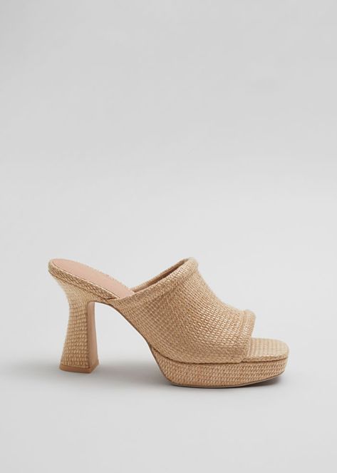 Set on flared heels and platform soles, these mules are crafted in leather and finished in a woven straw fabric. They feature a chunky rounded square peep toe.Heel height: 7.5cm / 3"Front platform: 2cm / 0.8" Beige Platform Heels, Platform Mules, Rounded Square, Nyc Shopping, Fashion Story, Platform Heels, Sandals Heels, Heel Height, Shopping Outfit