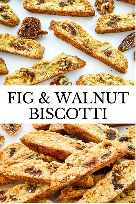 Fig Walnut Biscotti are a delicious hard Italian cookie recipe. Twice baked crisp fruit Italian cantucci biscuits filled with dried figs and nuts. Fig And Walnut Biscotti, Baking With Figs, Fig Cookies With Fresh Figs, Recipes Using Dried Figs, Italian Fig Cookies Cucidati, Dried Figs Recipes, Fall Biscotti, Fig Biscotti Recipe, Fig Biscotti