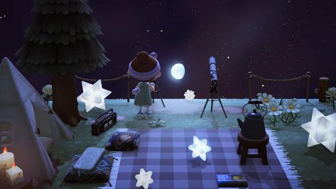 Star Gazing Area Acnh, Observatory Animal Crossing, Acnh Stargazing Area Ideas, Star Gazing Animal Crossing, Star Gazing Area Animal Crossing, Acnh Telescope Area, Acnh Star Gazing Area Ideas, Acnh Concert Area, Animal Crossing Star Gazing Area