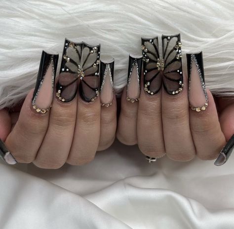 black nails butterfly nails acrylics Black Butterfly Painting, Ongles Bling Bling, Y2k 3d, Rhinestone Accessories, Nails Press Ons, Square Press On Nails, Nails Y2k, Black Acrylic Nails, Cute Nail Art Designs